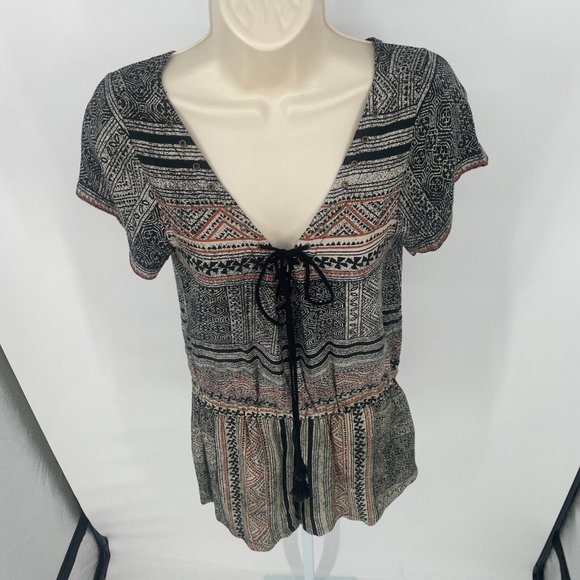 Cleobella Boho Shakira Romper Playsuit Sz Medium Short Sleeve Tassel Black Aztec - Picture 6 of 16